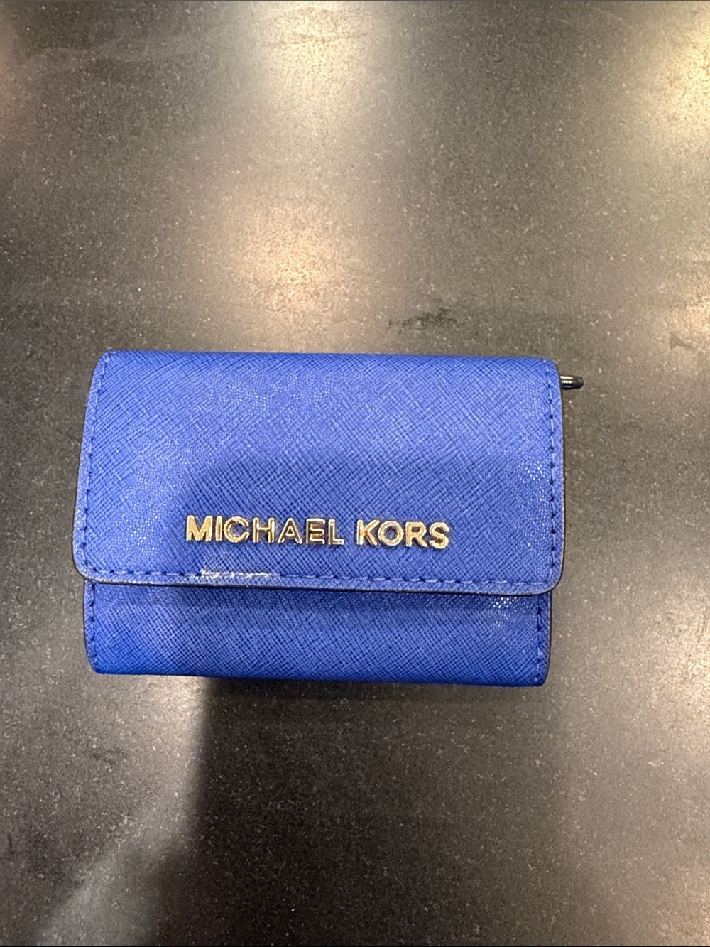 Michael Kors Blue Saffiano Leather Trifold Wallet with Gold Logo